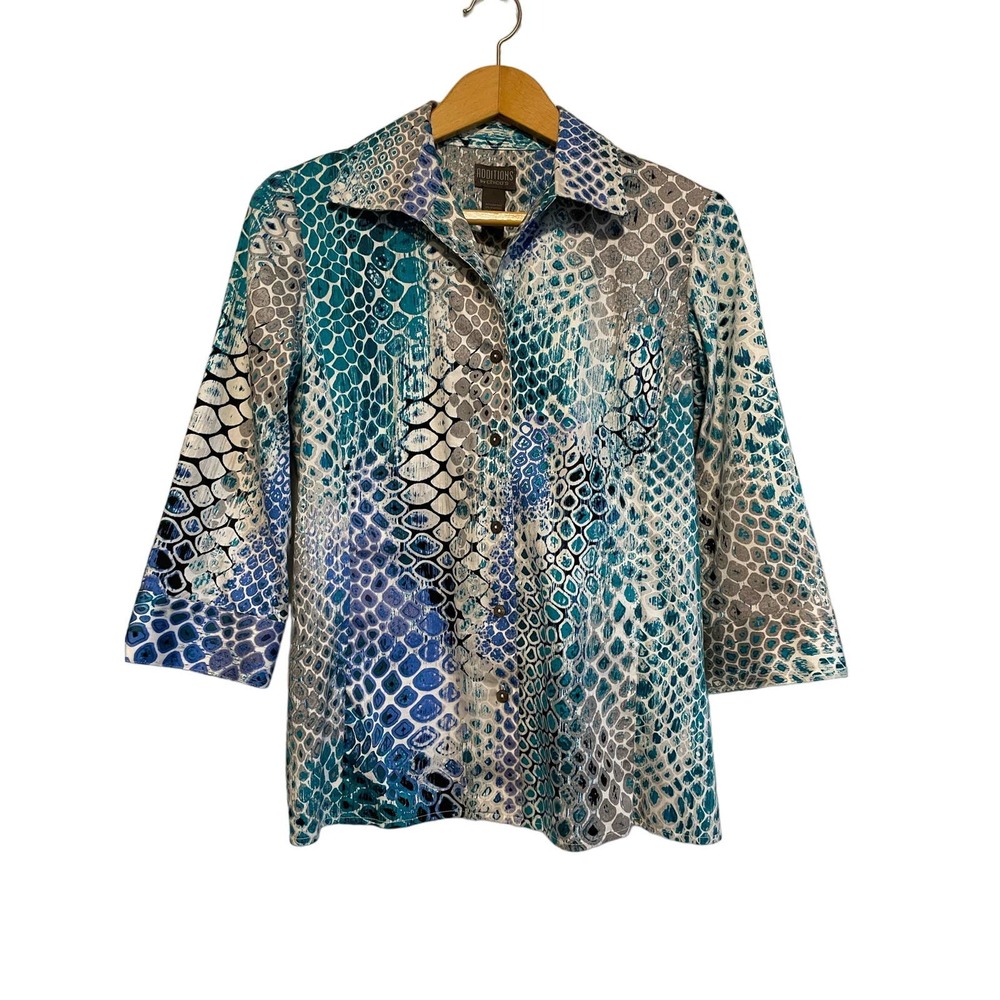 Additions by Chico's 3/4 sleeve button up shirt collared blue. Size O small